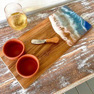 Ocean Waves Resin Wooden Cutting Charcuterie Board Serving Dish & Cheese Knife